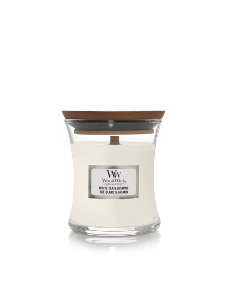 WoodWick White Tea & Jasmine candela piccola 85 g