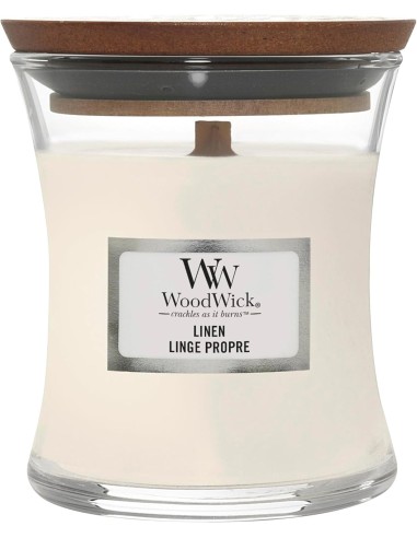 Candela Profumata WoodWick Linen con Stoppino in Legno – Fragranza Fresca Effetto Bucato