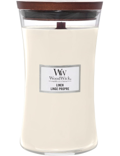 Candela WoodWick Linen Giara Grande Stoppino Legno Effetto Camino