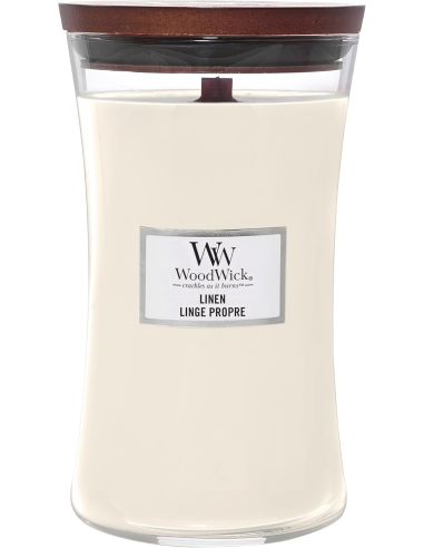 Candela WoodWick Linen Giara Grande Stoppino Legno Effetto Camino