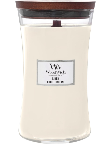 Candela WoodWick Linen Giara Grande Stoppino Legno Effetto Camino