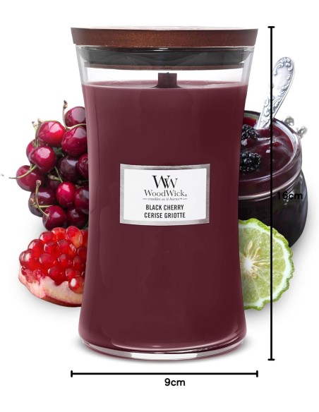Candela WoodWick Black Cherry Giara Grande Stoppino Legno